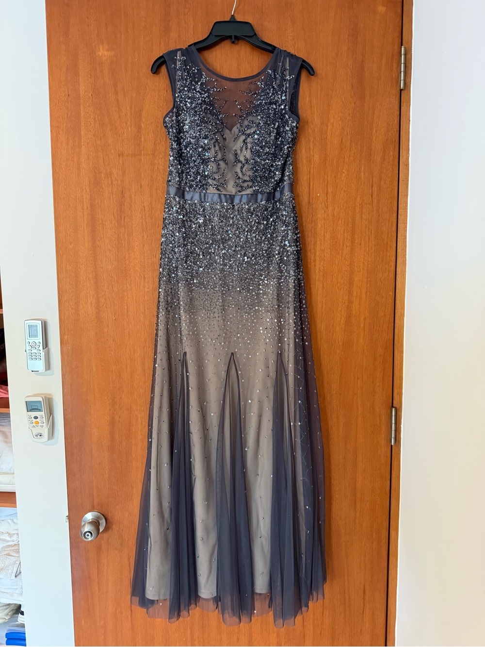 Adrianna Papell Gray/Blue Beaded Tulle Gown NWT